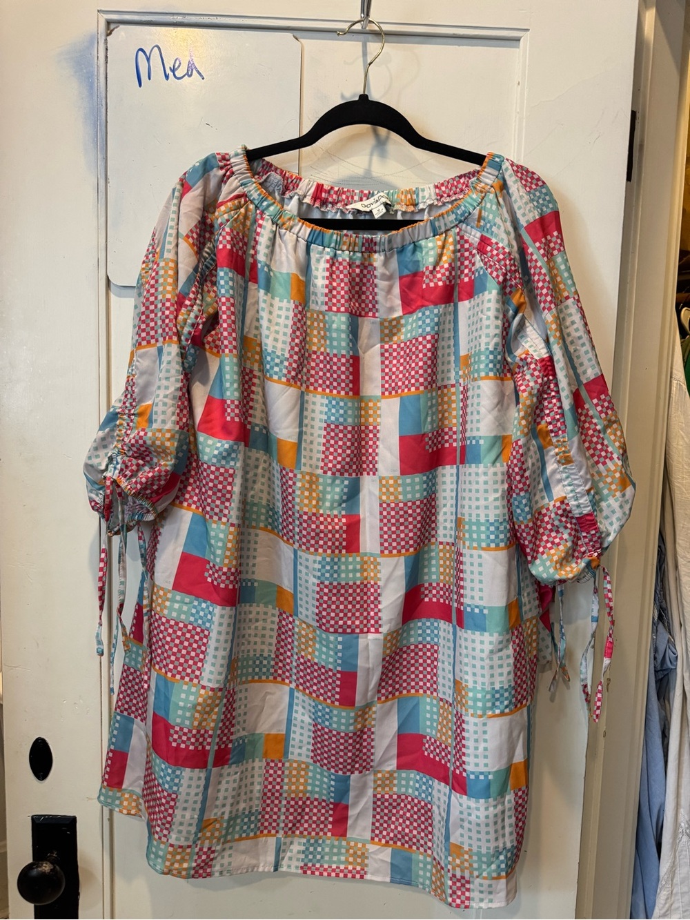 DAVI & DANI Multicolor Patchwork Off-Shoulder Tunic